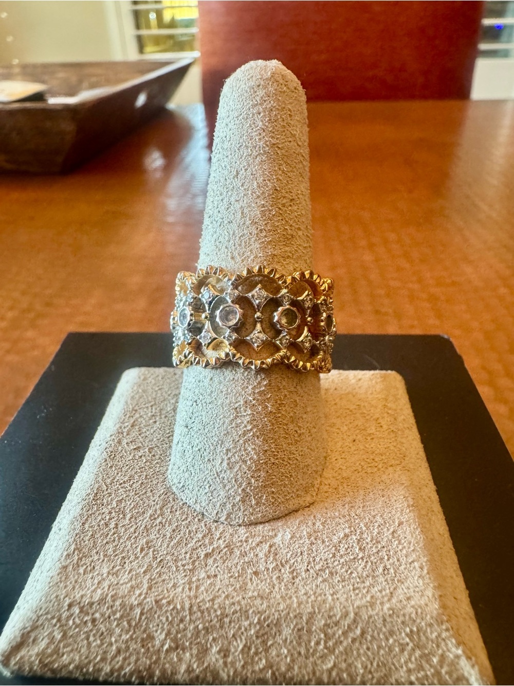 Gold Floral Openwork Ring with Clear Gem Accents